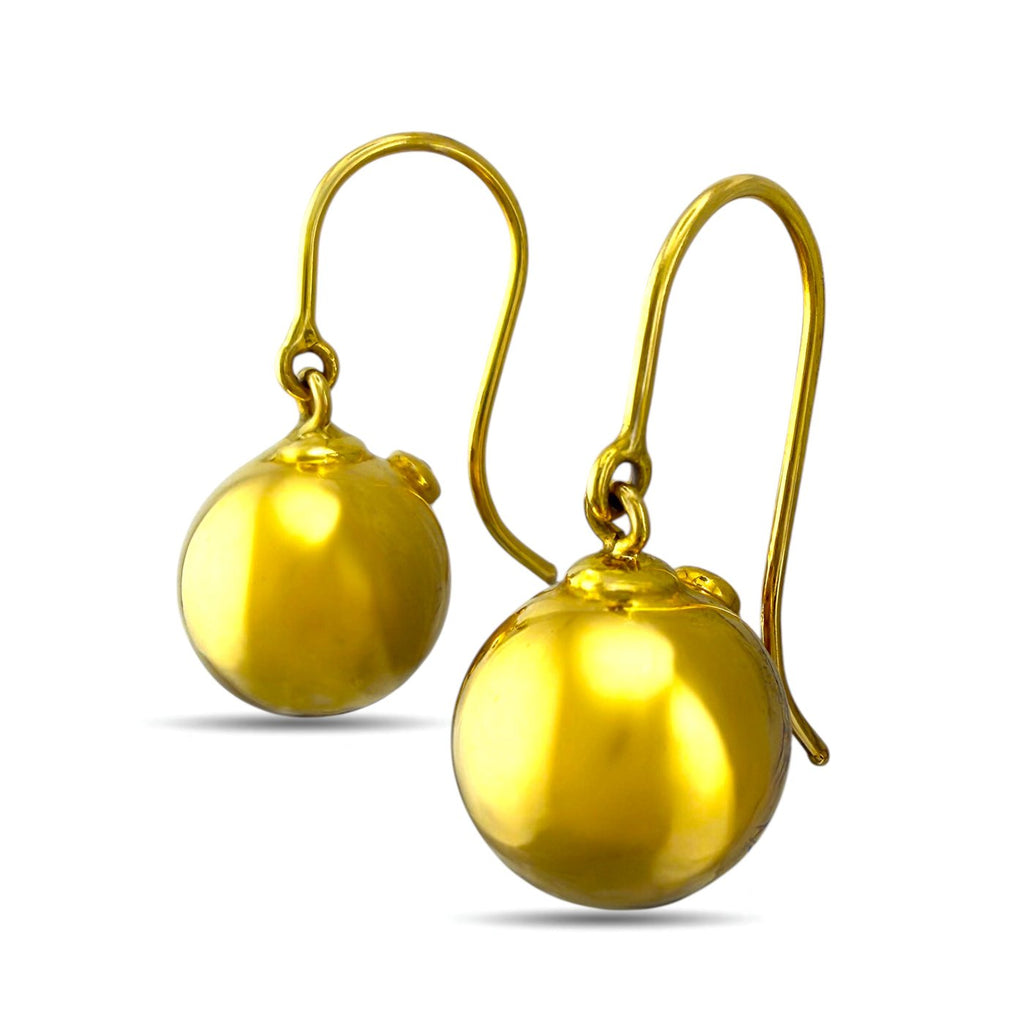 18K yellow gold ball dangle earrings with round polished spheres and drop hooks