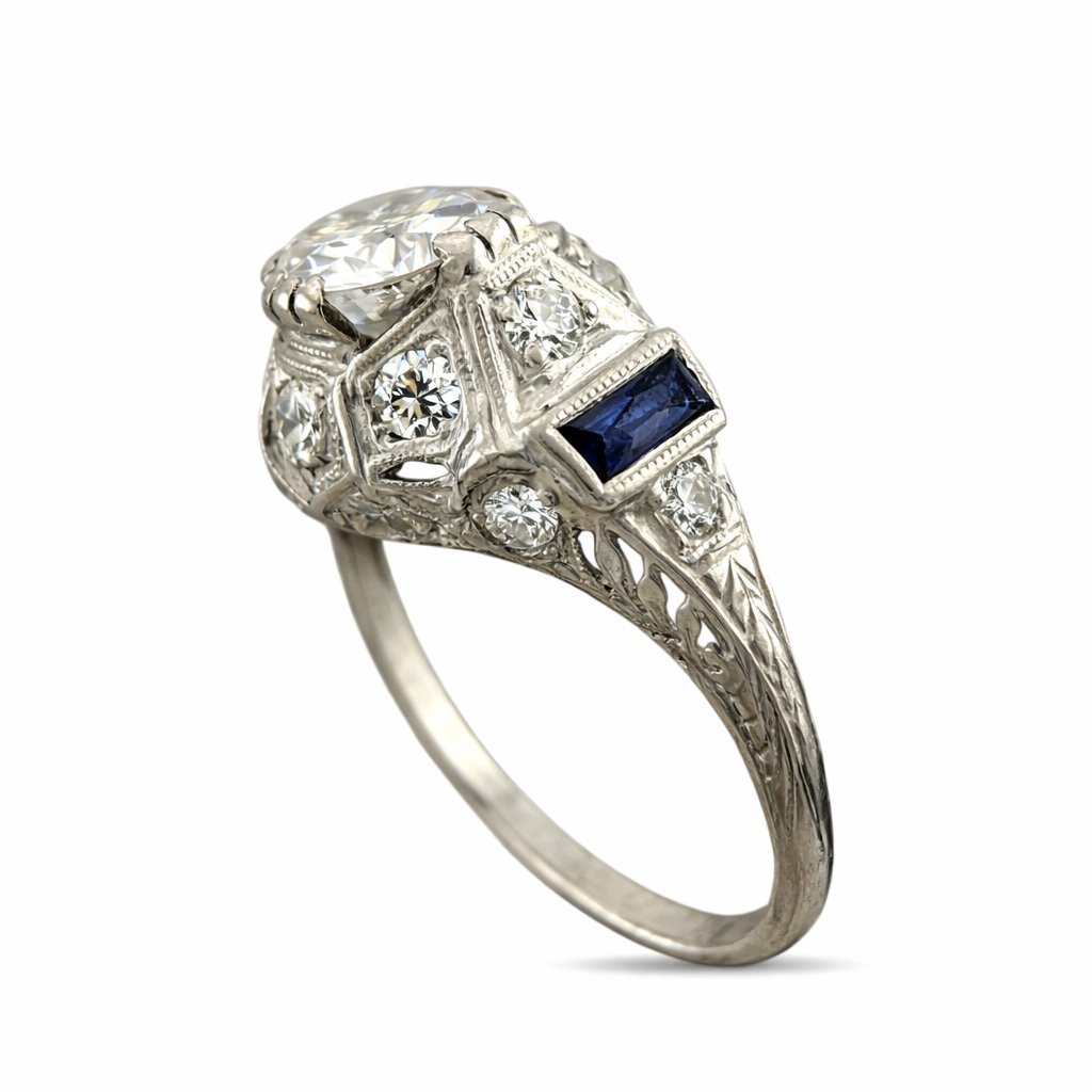 Art Deco 18K White Gold 2ct Diamond and Sapphire Ring