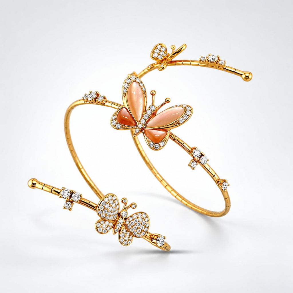 Rose gold butterfly bracelet with pearl inlays and diamond accents