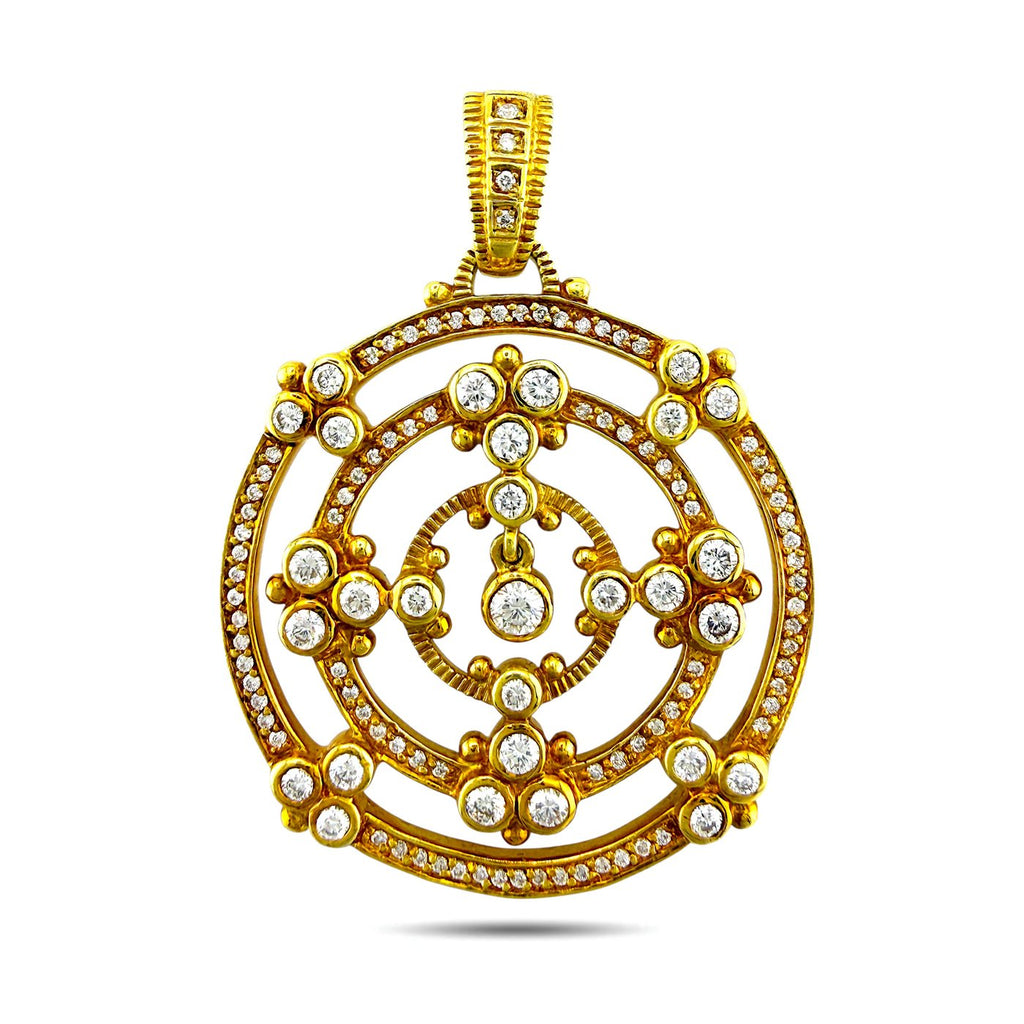 18K yellow gold circular diamond brooch with ornate spiral openwork and rim stones