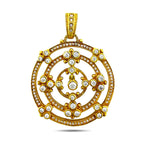 18K yellow gold circular diamond brooch with ornate spiral openwork and rim stones