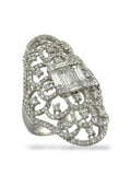18K white gold diamond ring with baguette center and lattice pavé setting