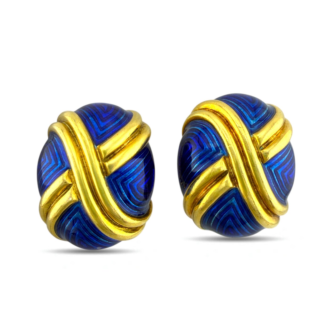 18K Yellow Gold Vintage Blue Enamel Earrings