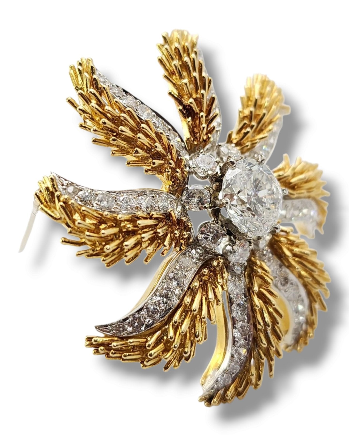 Brooch - 18 kt. Yellow gold, Amazing 18K Gold Brooch Large Diamonds 3.08 Ct