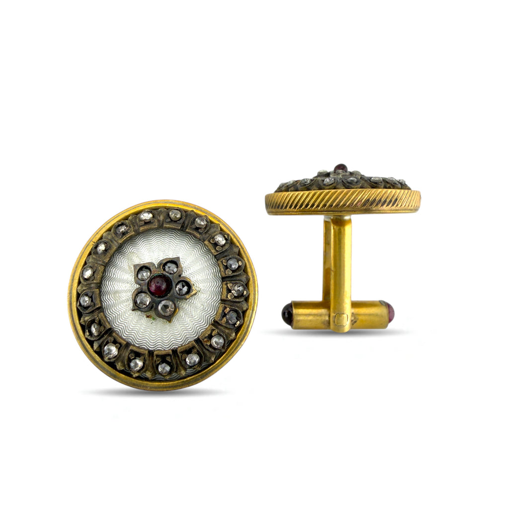 Faberge Imperial Russian Silver 0.44ct Diamond and Ruby Cufflinks