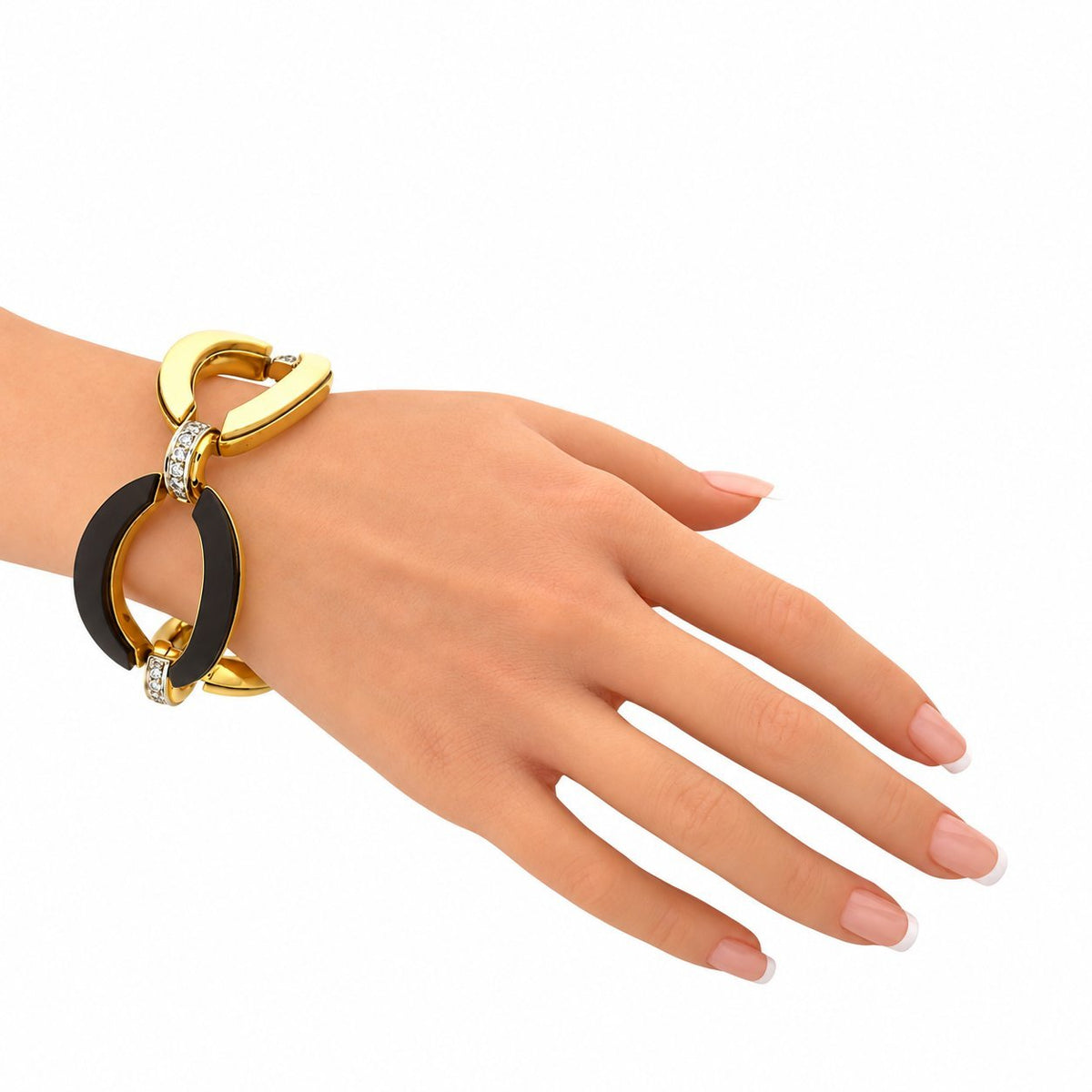 Gold bracelet with black wood links and sparkling diamond detail on the wrist