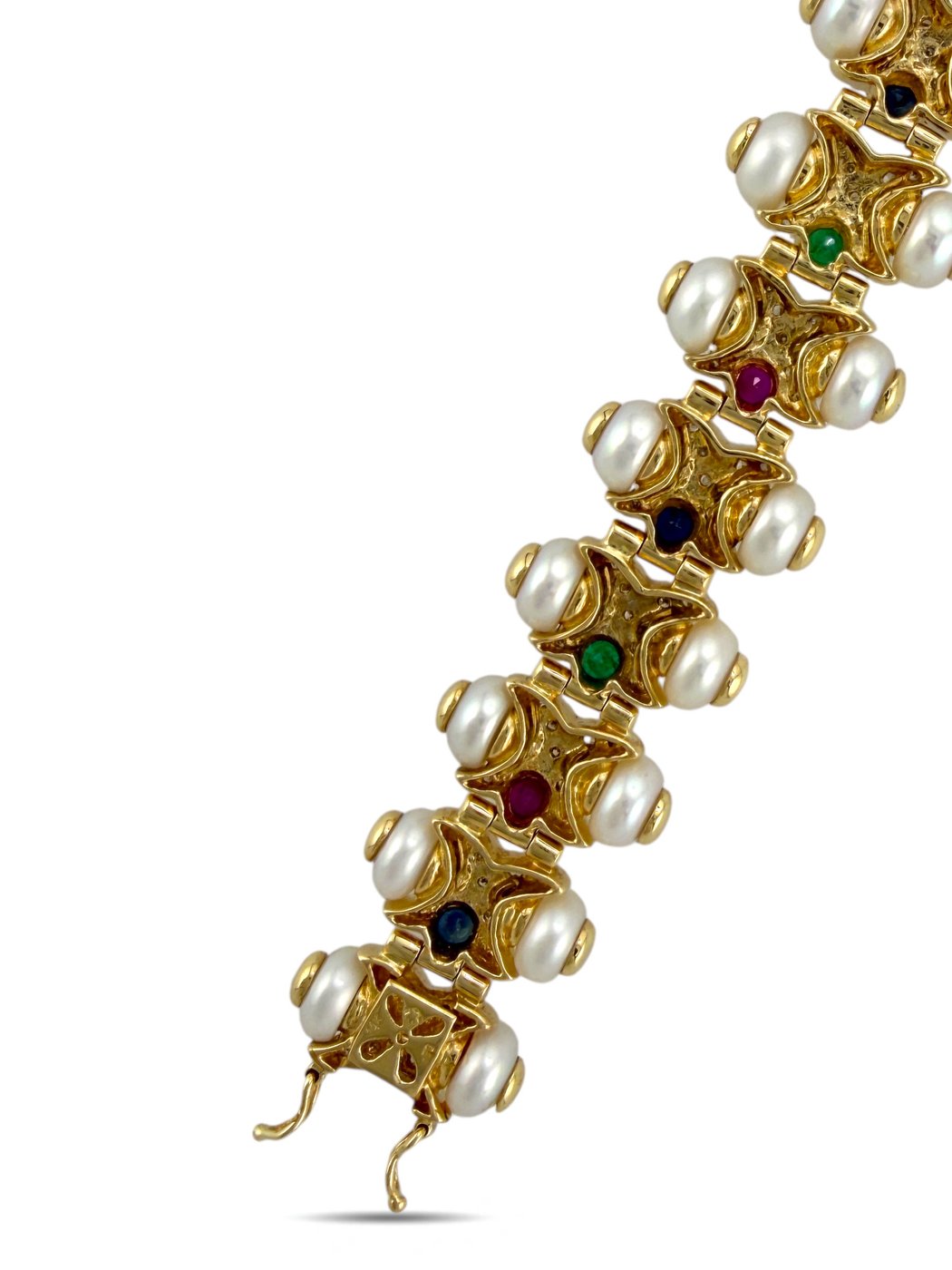 14K Yellow Gold Sapphire, Ruby, Emerald, Pearl and 1.03ct Diamond Bracelet