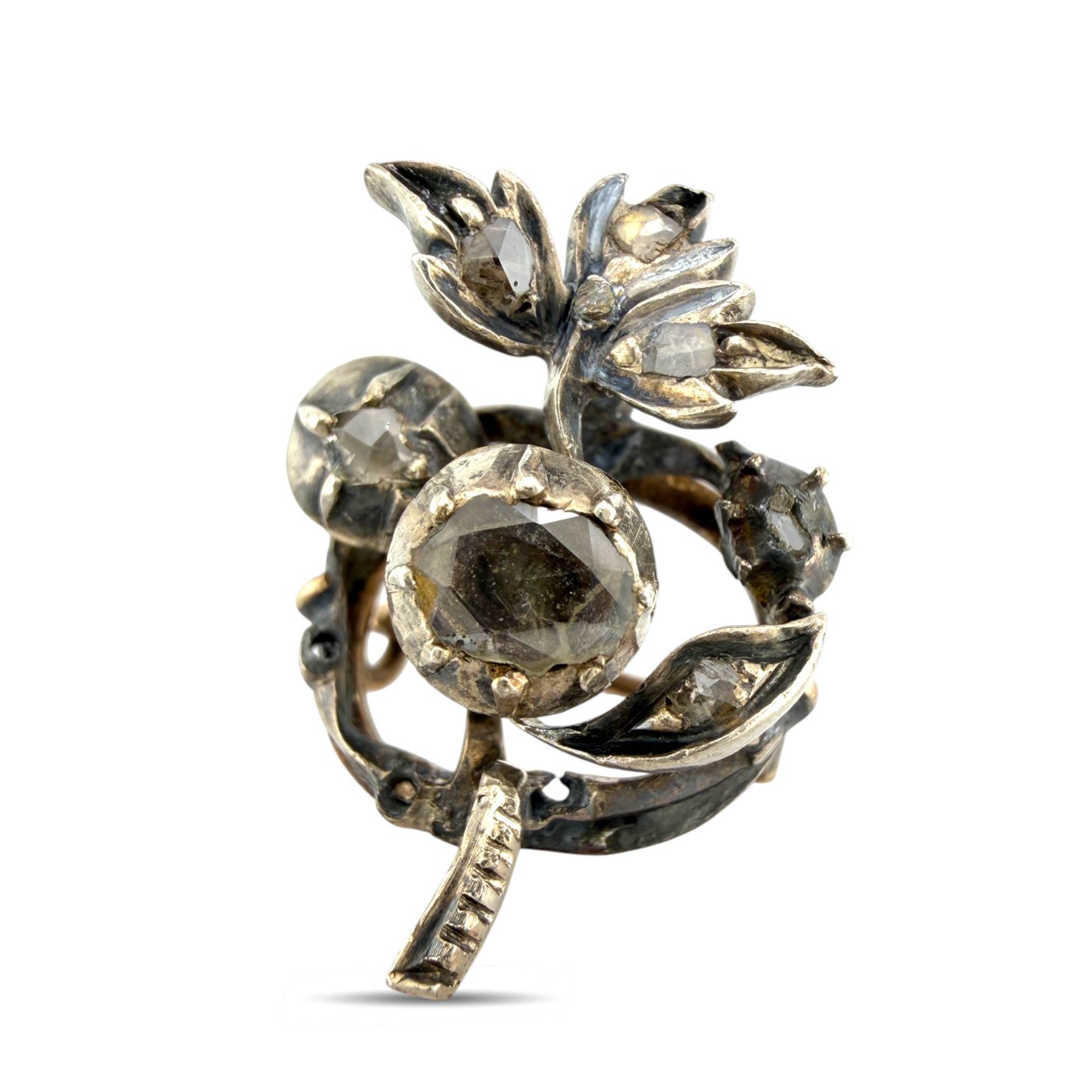 14K Rose Gold 0.3ct Diamond Flower Motif Antique Brooch, Rose Gold