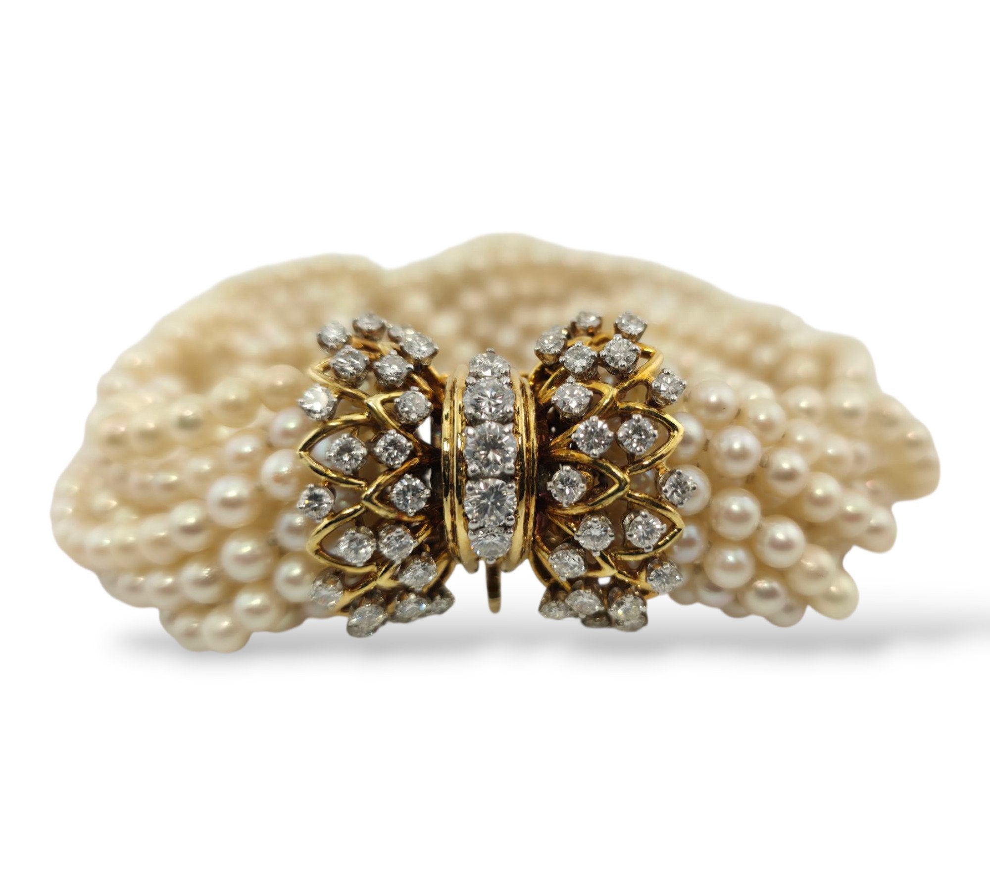Antique 18K Yellow Gold Multi-Strand Pearl and 4.3ct Diamond Bracelet