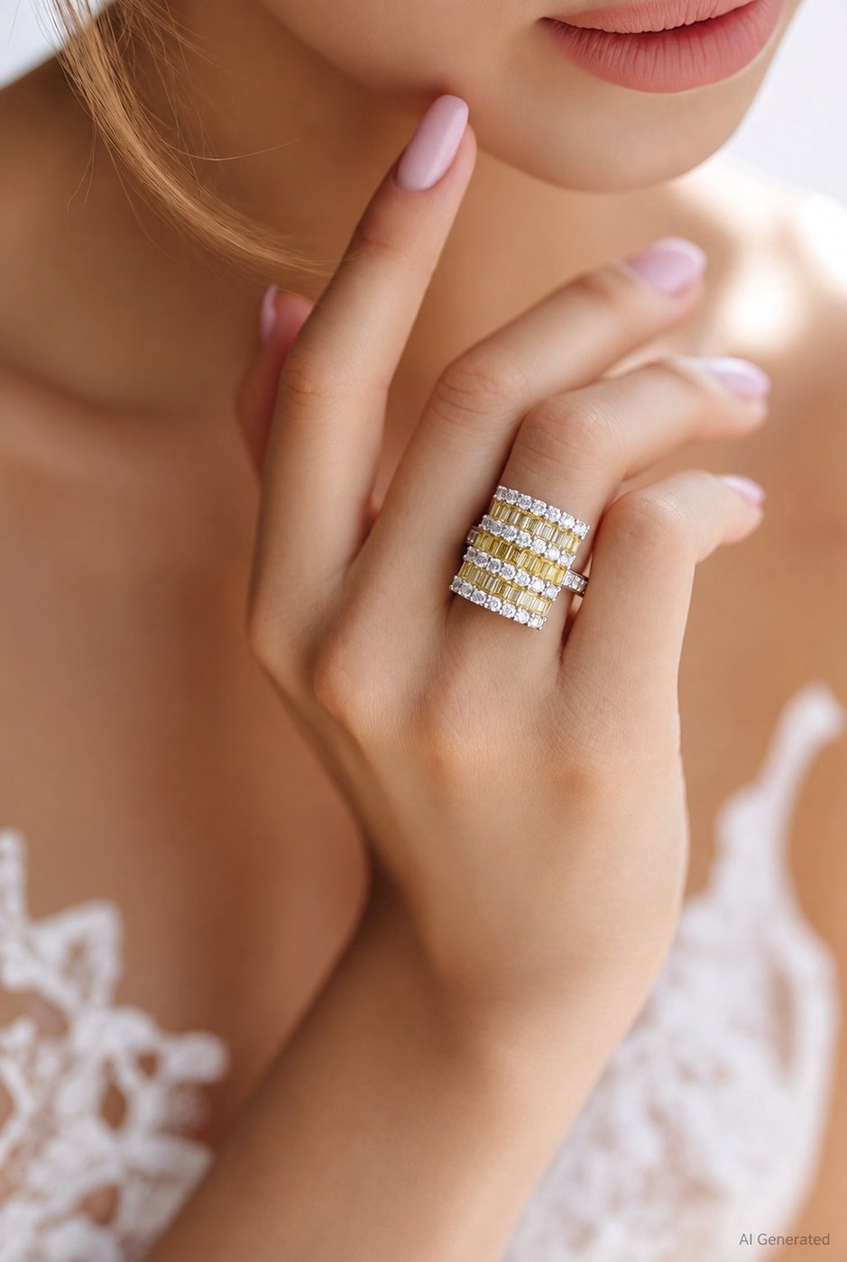 Diamond ring on fingers, stacked clear stones with yellow baguette rows in platinum
