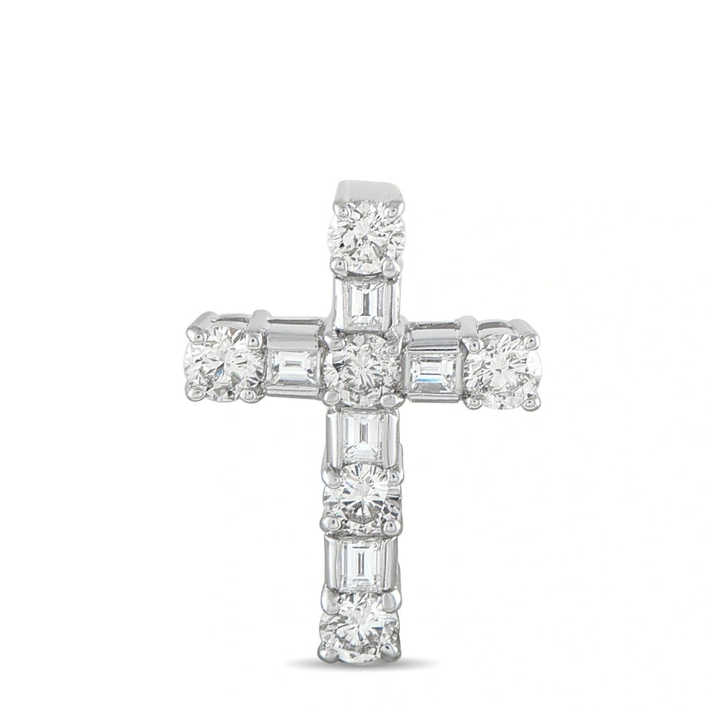 Prong-set diamond cross pendant in 18K white gold with round and baguette stones