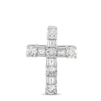 Prong-set diamond cross pendant in 18K white gold with round and baguette stones