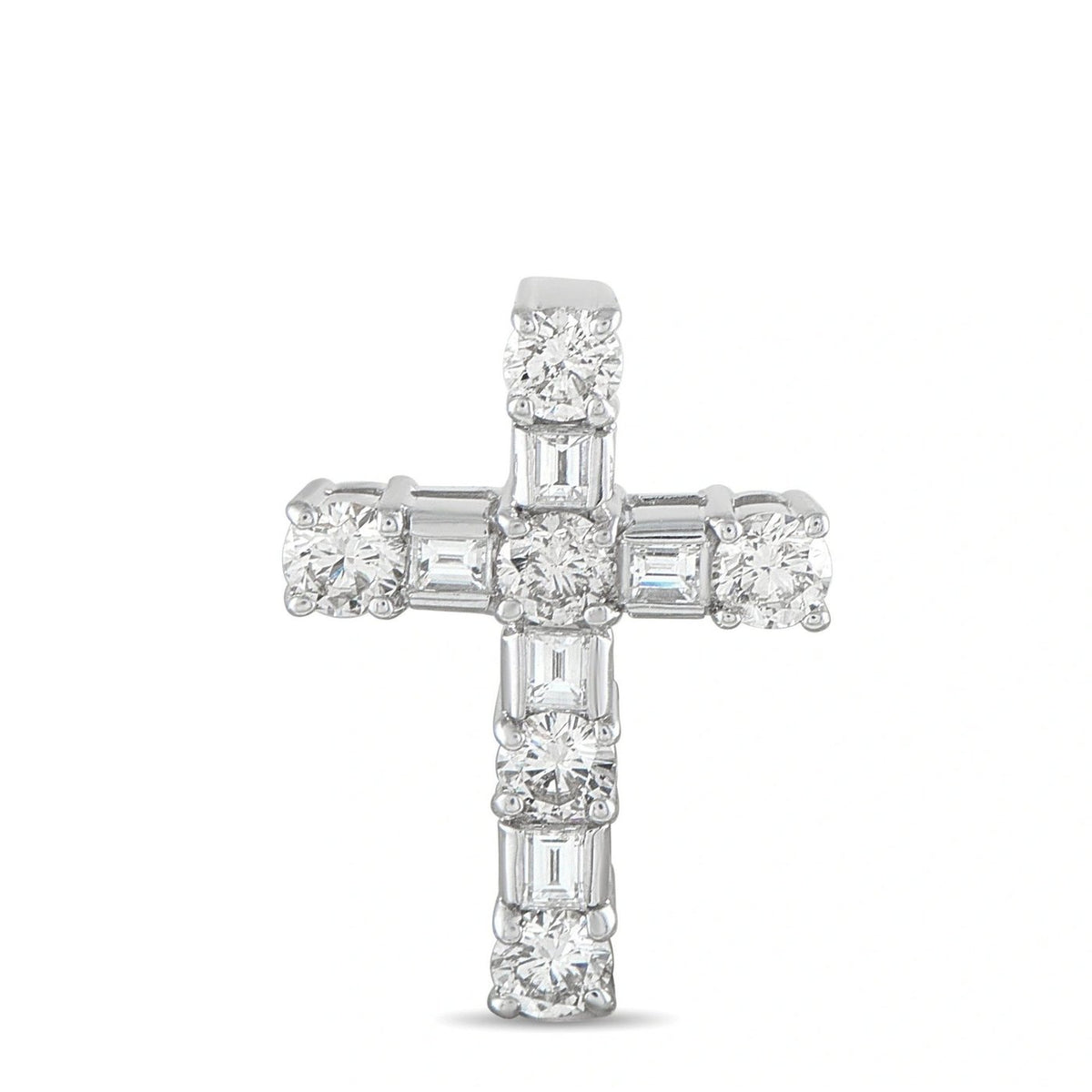 Prong-set diamond cross pendant in 18K white gold with round and baguette stones