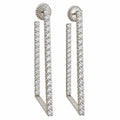 Pair of platinum diamond drop earrings with open rectangular frames and fan-shaped studs