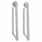 Pair of platinum diamond drop earrings with open rectangular frames and fan-shaped studs