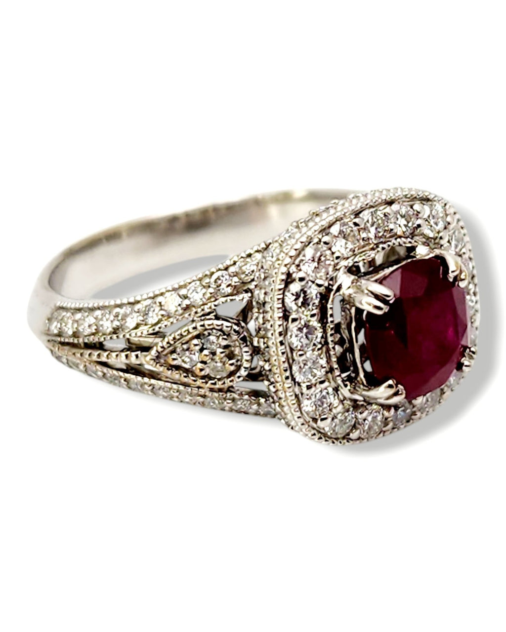 Ring - 18 kt. White gold, 18K Gold, Diamond & Deep Dark Red 1.0CT Ruby Art Deco Ring - 1.60ct. tw. Ruby - Diamond