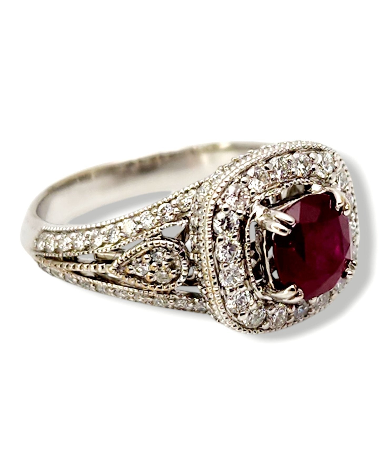 Ring - 18 kt. White gold, 18K Gold, Diamond & Deep Dark Red 1.0CT Ruby Art Deco Ring - 1.60ct. tw. Ruby - Diamond