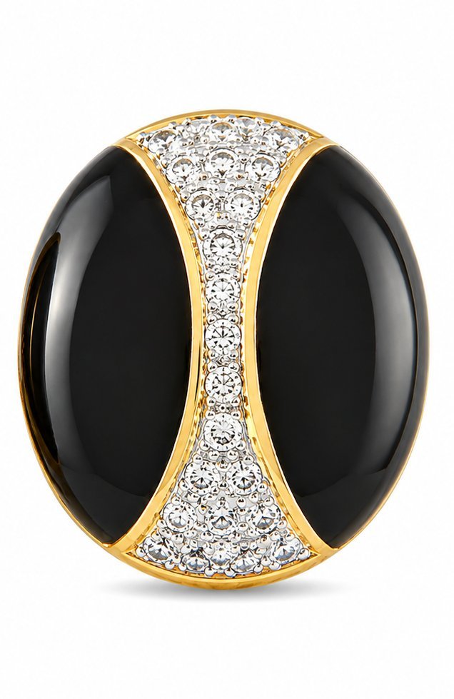 18K yellow gold oval hoop earrings with black onyx panels and diamond pave accents