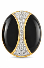 18K yellow gold oval hoop earrings with black onyx panels and diamond pave accents