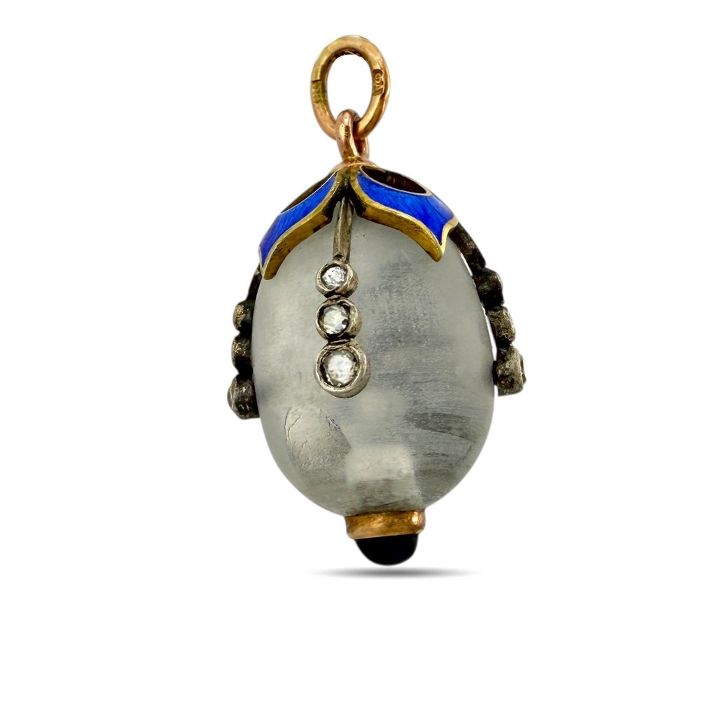 Imperial Russian Jewelled 56K Gold and Blue Enamel Egg Pendant