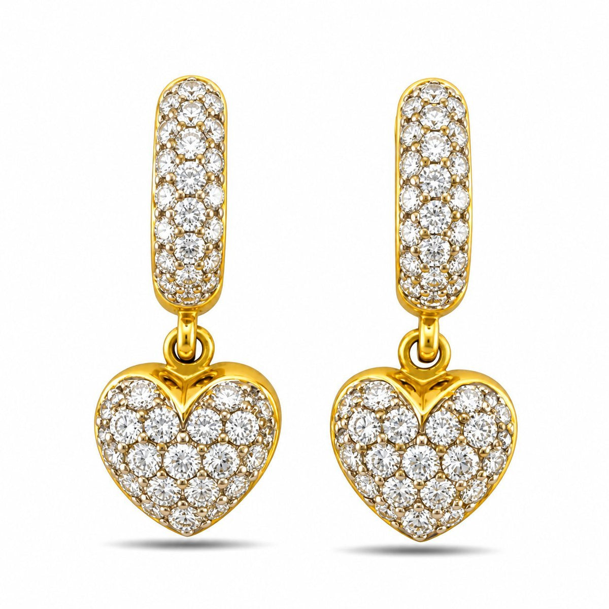 Yellow gold drop earrings with diamond-set hoops and heart-shaped pendants