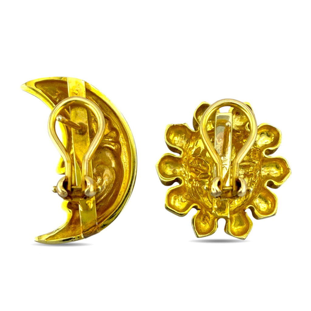 14K Yellow Gold Sun and Moon Sculpted Earrings