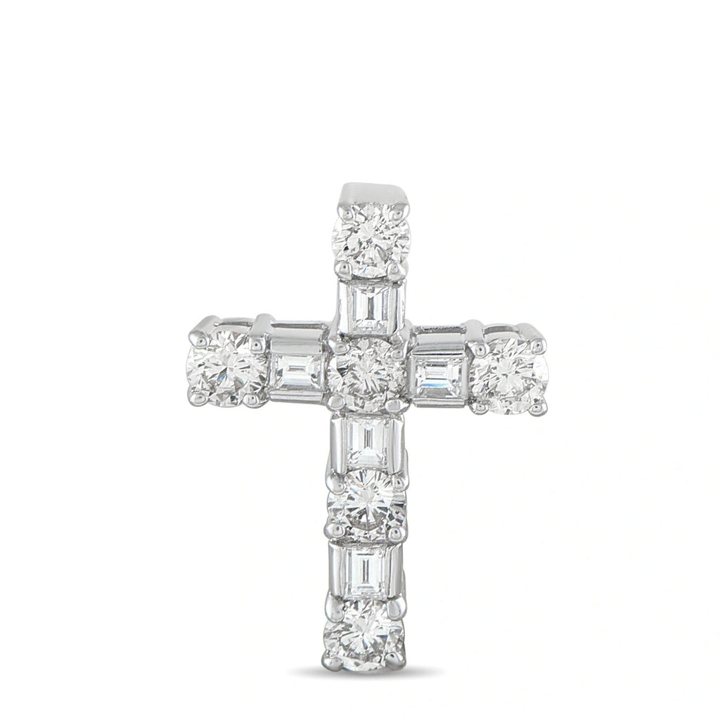 18K white gold diamond cross pendant featuring round and baguette-cut diamonds
