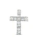 18K white gold diamond cross pendant featuring round and baguette-cut diamonds