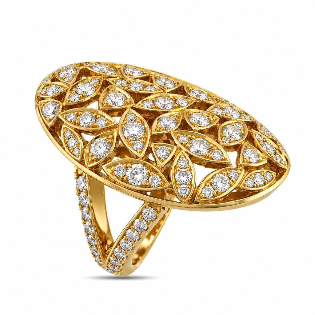 18K yellow gold diamond statement ring with oval leaf motif top and pavé band