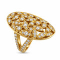 18K yellow gold diamond statement ring with oval leaf motif top and pavé band