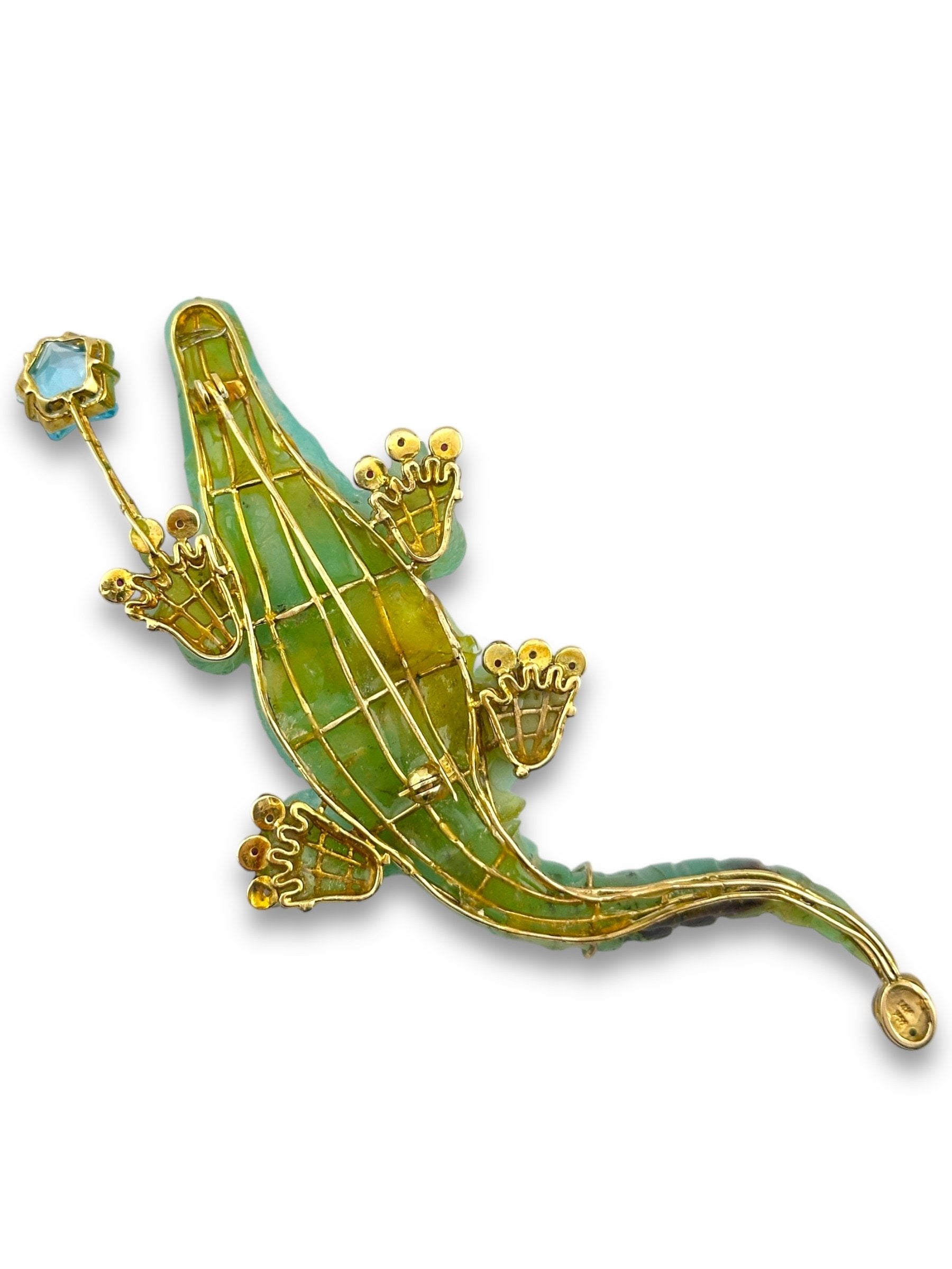 14K Yellow Gold and Jade Crocodile Brooch with Opal Rubies and Blue Topaz