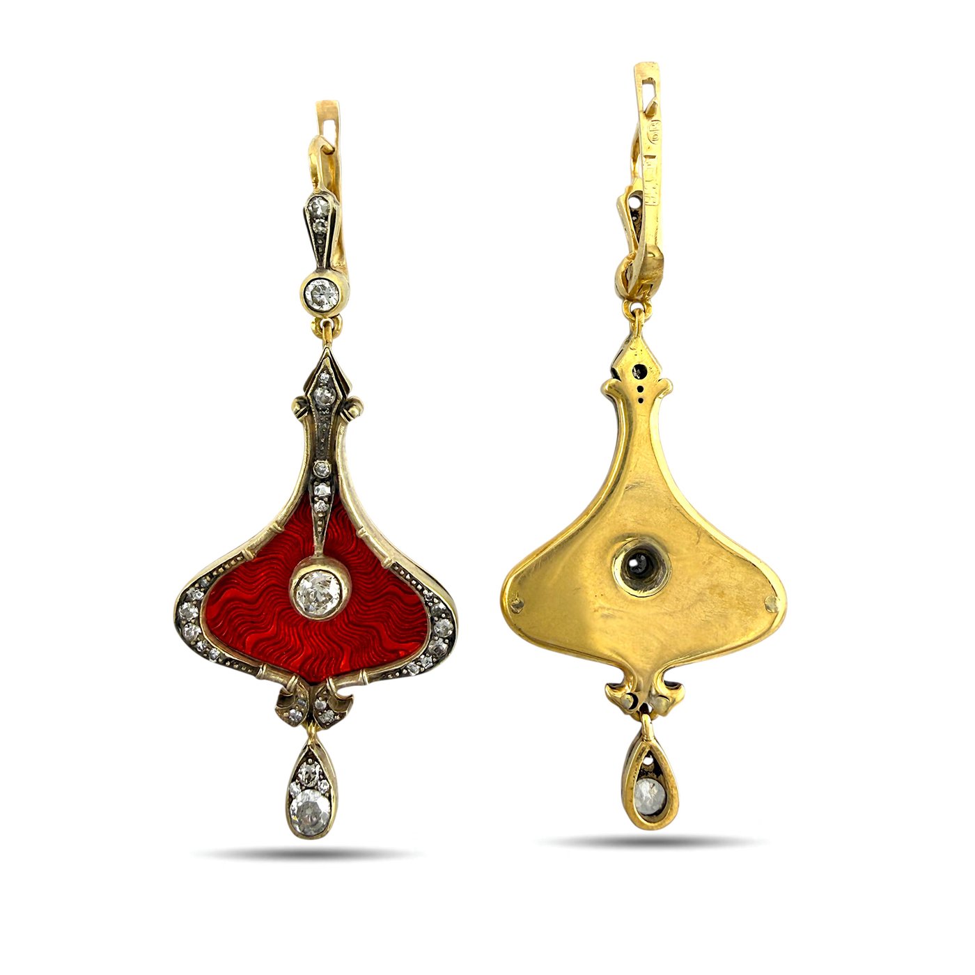 Imperial Russian 56K Yellow Gold 1.40ct Diamond and Red Enamel Earrings