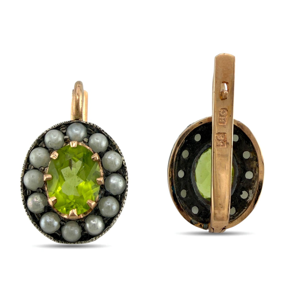 K. Faberge Imperial Russian 14K (56K) Rose Gold 2.40ct Peridot and Pearl Earrings