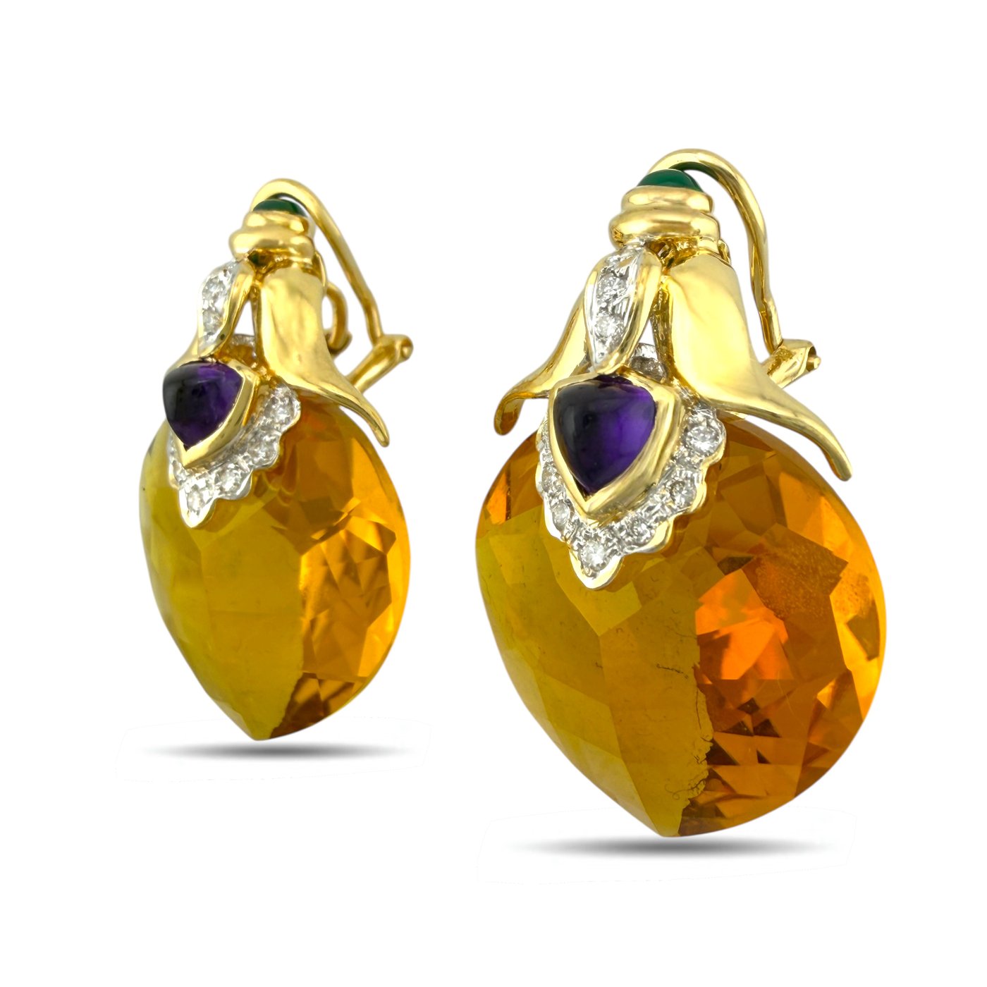 18K Yellow Gold 45ct Citrine, 0.2ct Diamond, Emerald, Amethyst Earrings