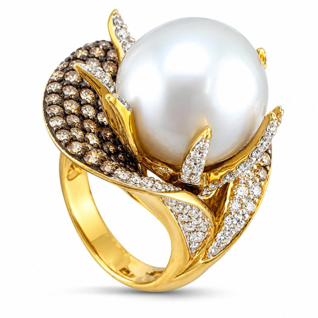 18K yellow gold sculptural ring with pearl, champagne diamonds, and pavé diamond accents