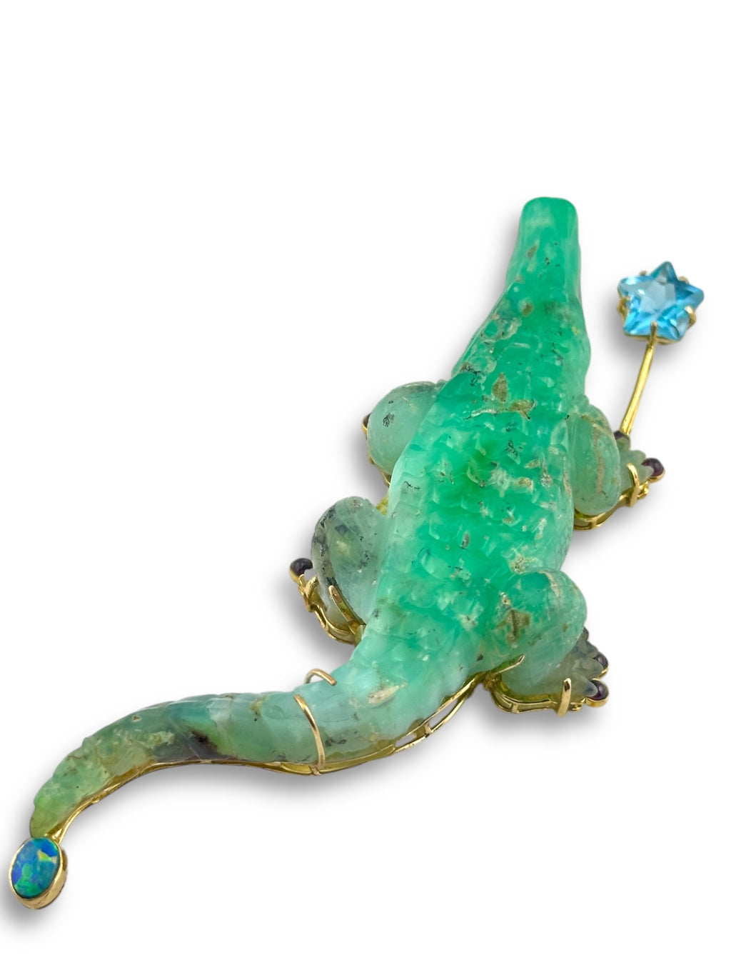 14K Yellow Gold and Jade Crocodile Brooch with Opal Rubies and Blue Topaz
