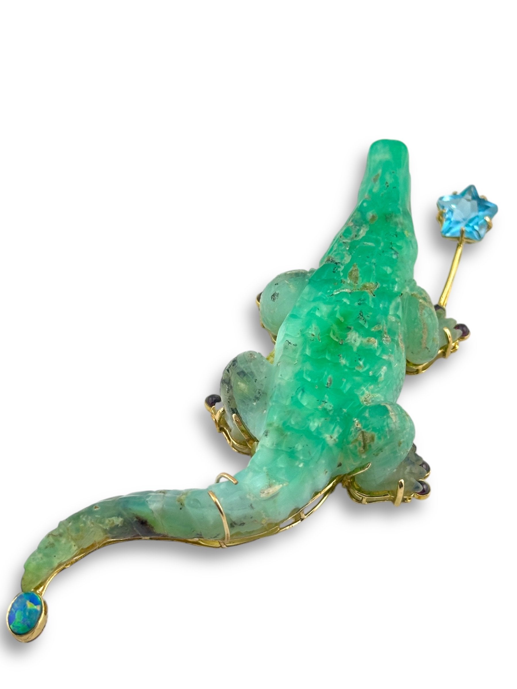 14K Yellow Gold and Jade Crocodile Brooch with Opal Rubies and Blue Topaz