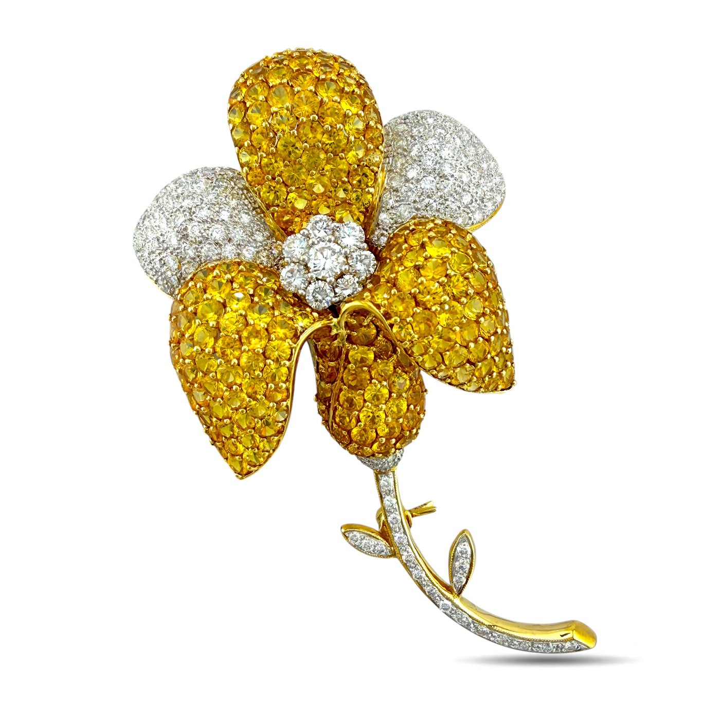 18K yellow gold diamond and citrine flower brooch