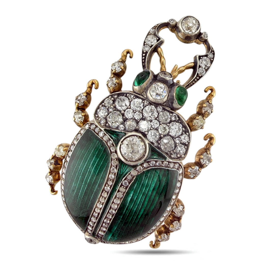 Imperial Russian 56K (14K) Yellow Gold, Enamel and 4.1ct Diamond Brooch Demantoid