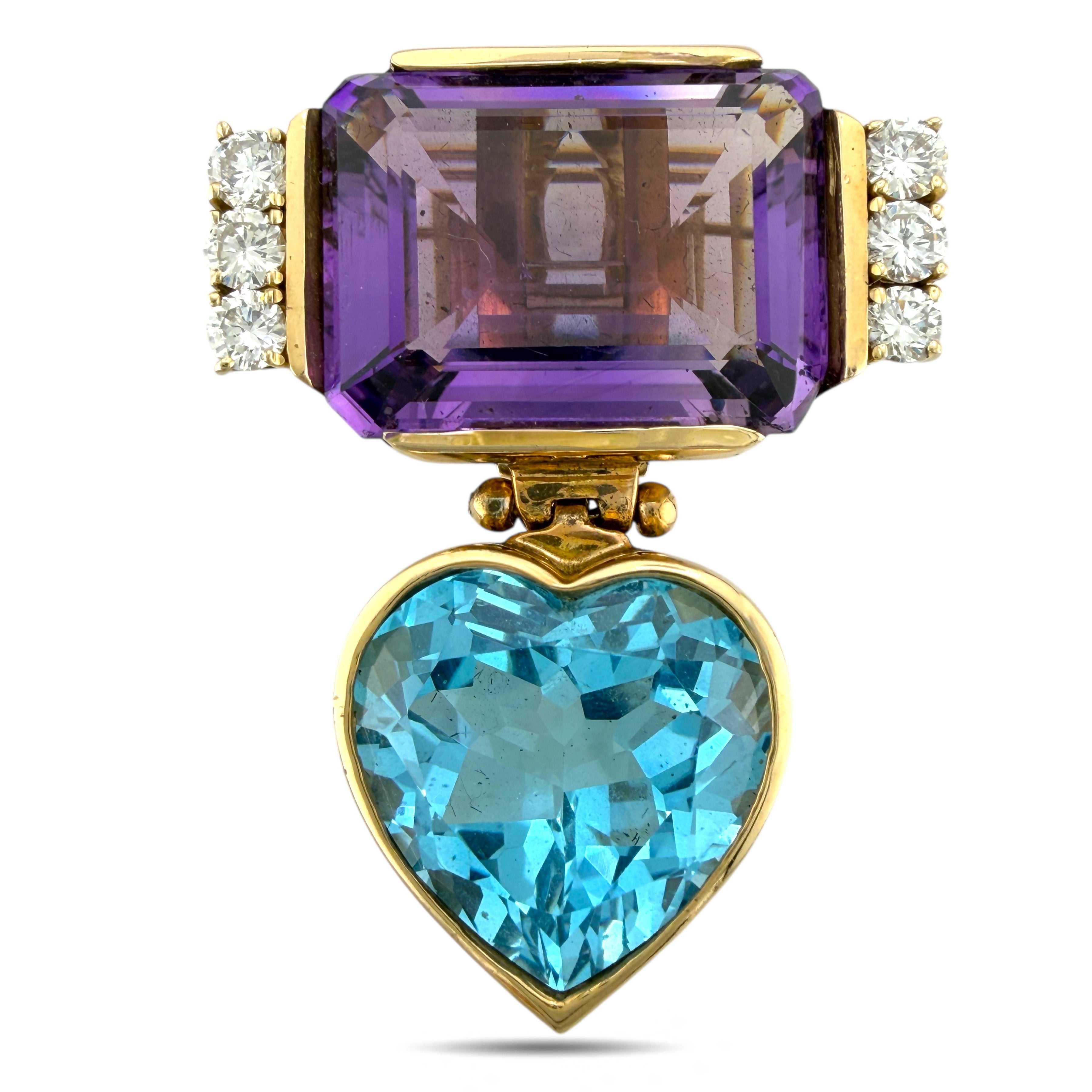 Brooch - 14 kt. Yellow gold, Exclusive 14K Yellow Gold 9.25ct Amethyst, 19.50ct Topaz and 1.50ct Diamond Convertible Brooch -  30.25ct. tw. Diamond (Natural)  - Topaz
