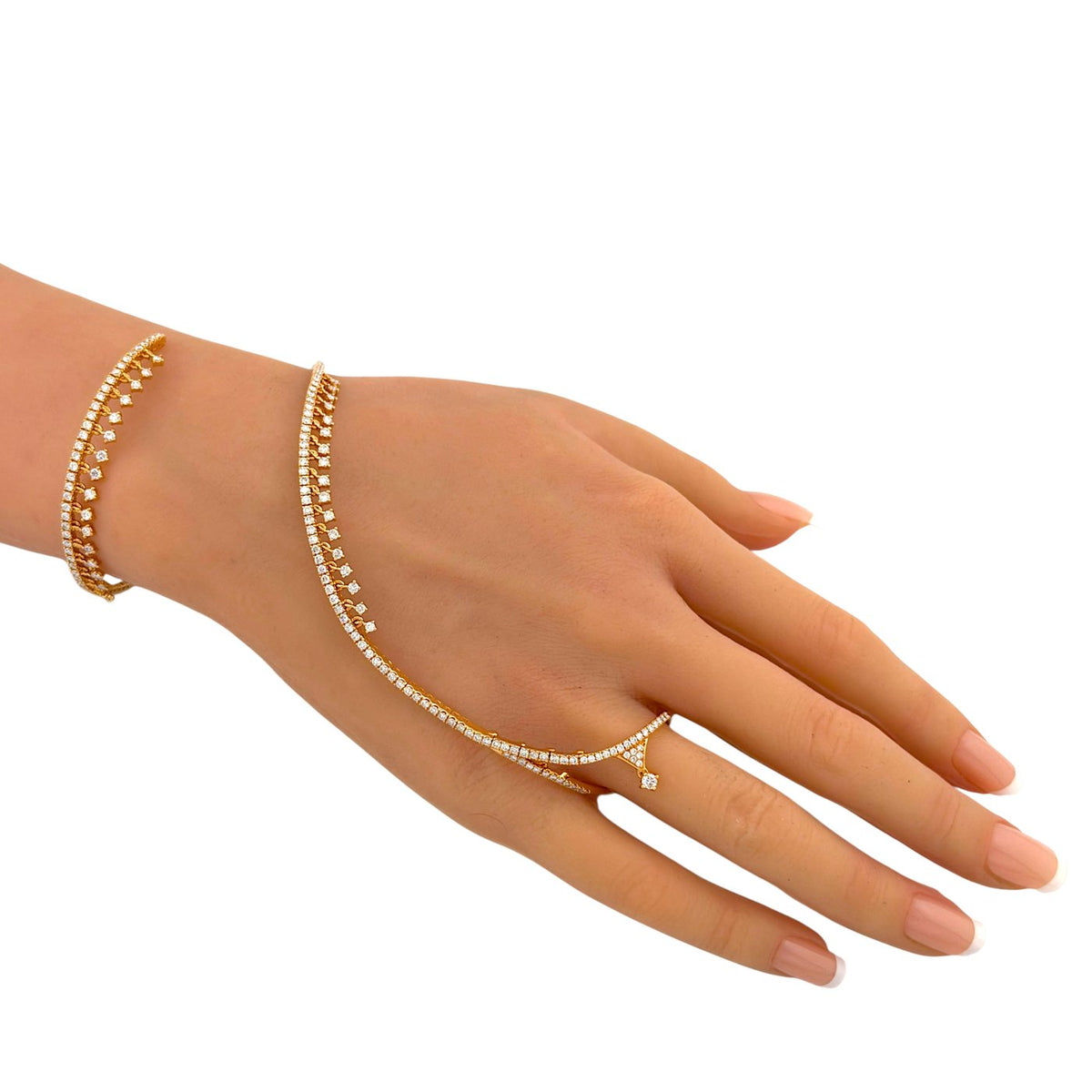 Diamond finger-design bangle worn across the hand and around the wrist
