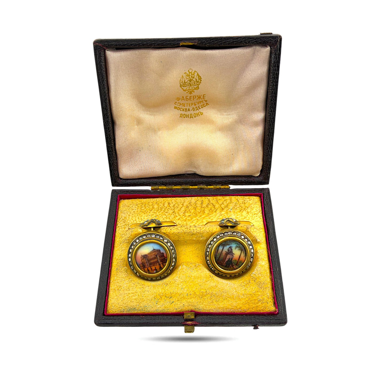 Faberge yellow gold scenic enamel cufflinks with diamond borders in a presentation box