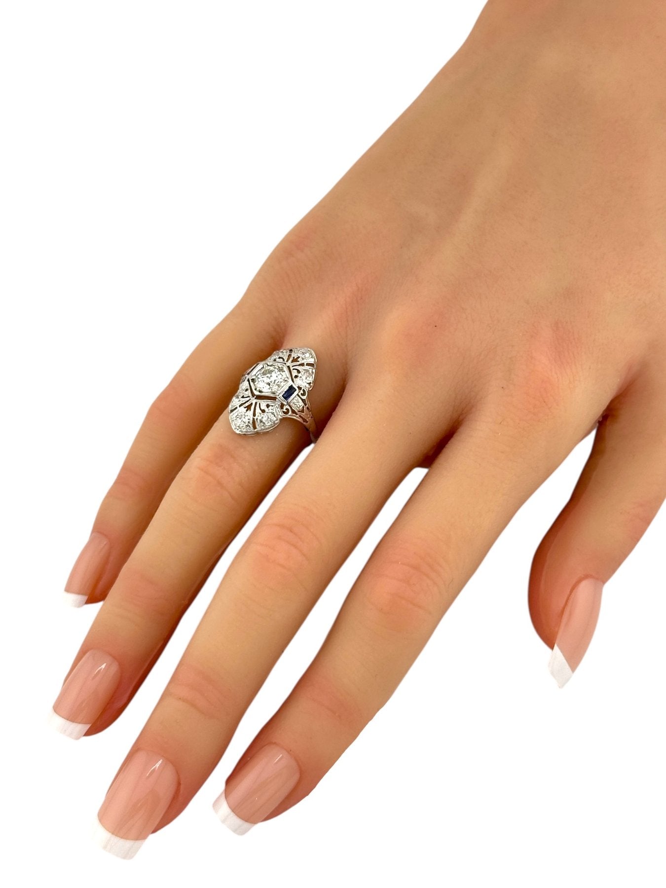 Art Deco 18K White Gold Ring with 0.90 Carat Diamond and Sapphires