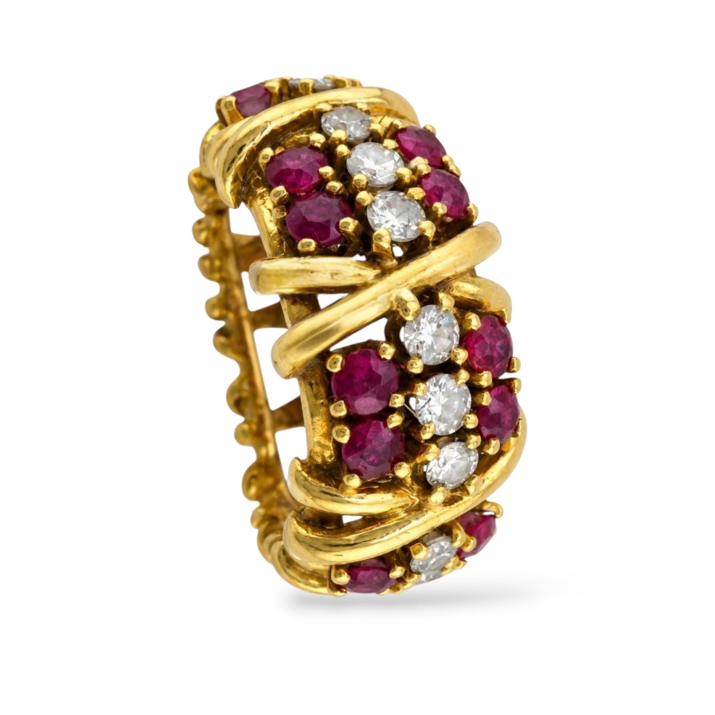 Vintage gold ring with ruby and diamond clusters, slight angled view