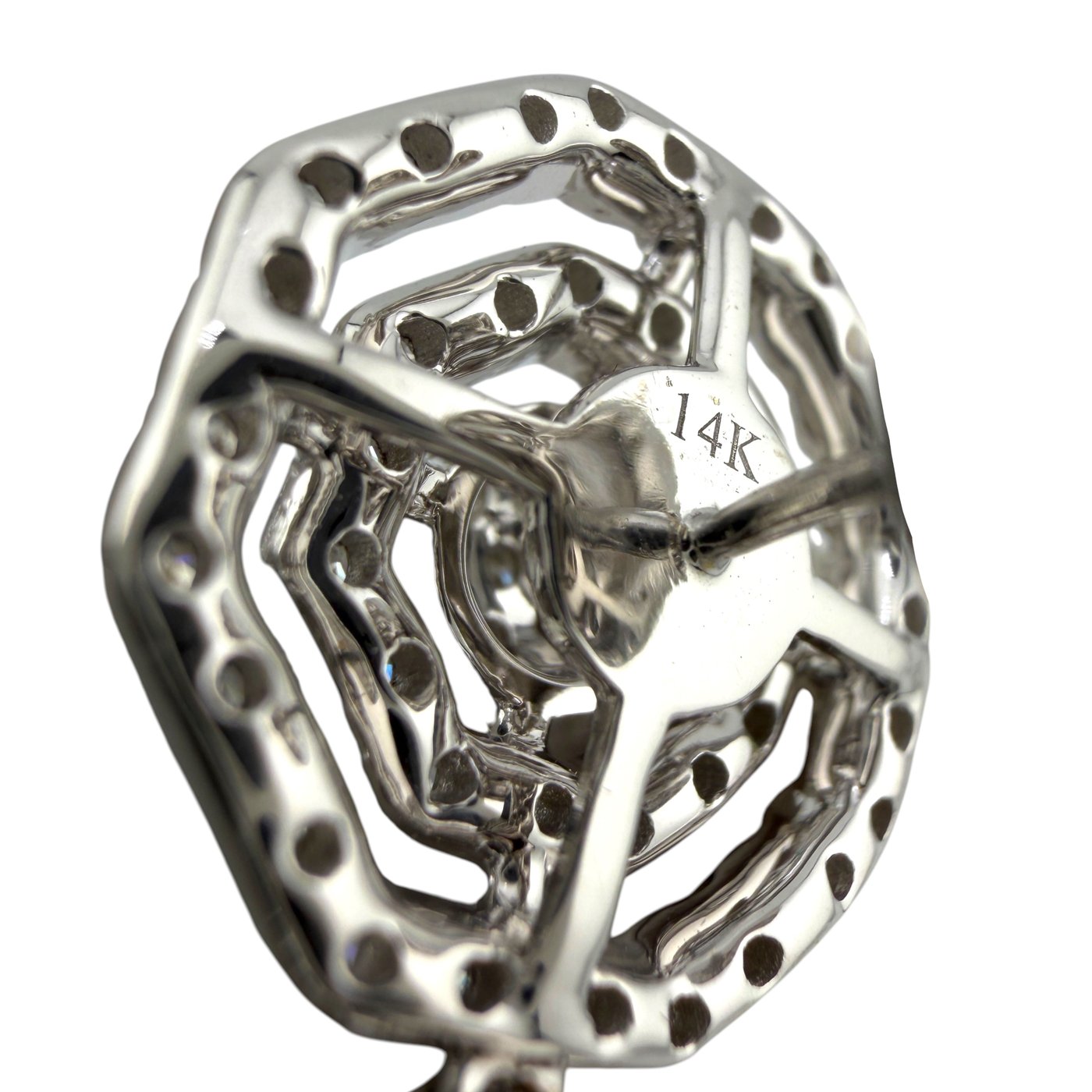 14K stamped back of octagon drop diamond earring in white gold, prong-set detail