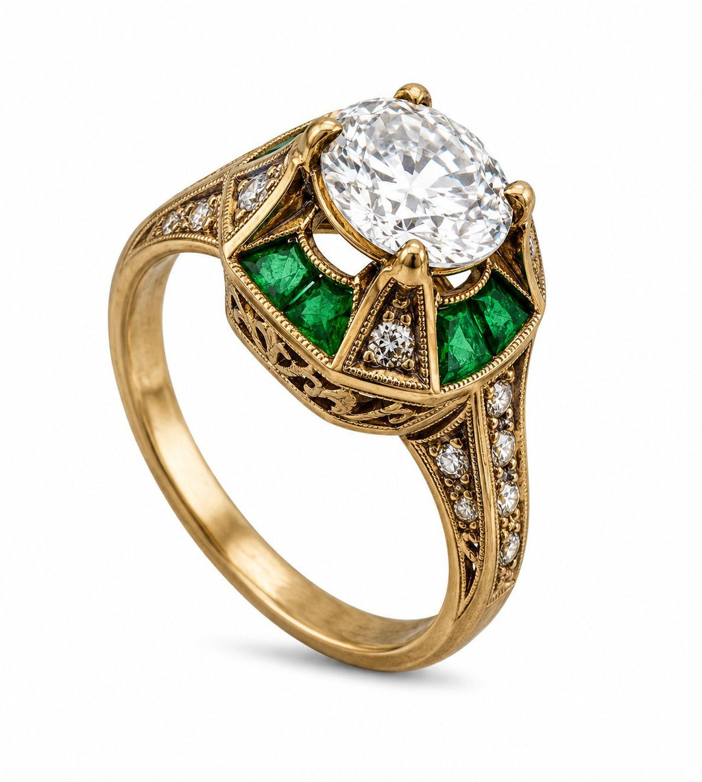 18K Yellow Gold Vintage 2.16ct Diamond and Emerald Ring