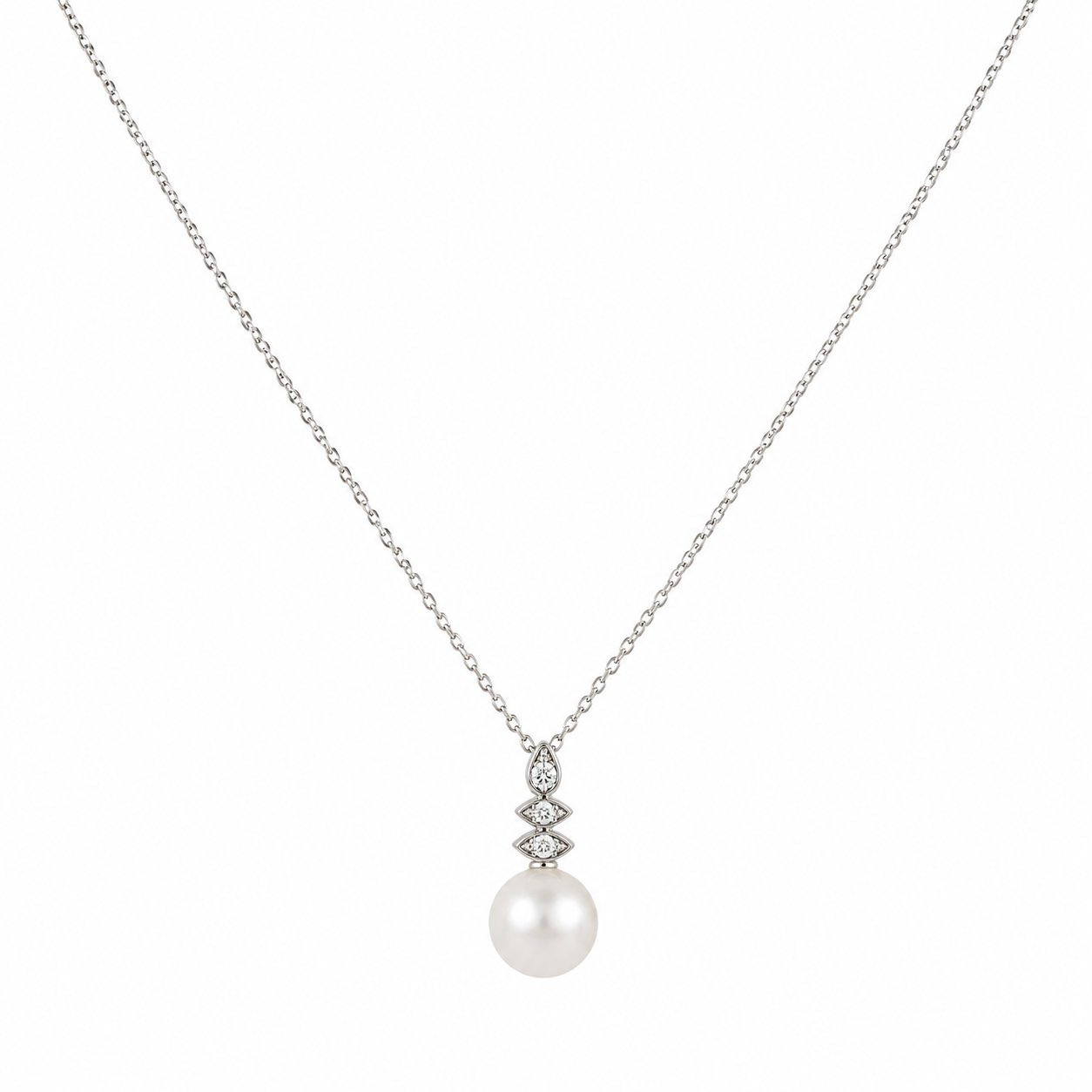 Diamond and pearl drop necklace featuring a round white pearl in a zigzag diamond setting