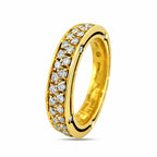 18K yellow gold diamond eternity ring with round diamond bezel-set row, angled view