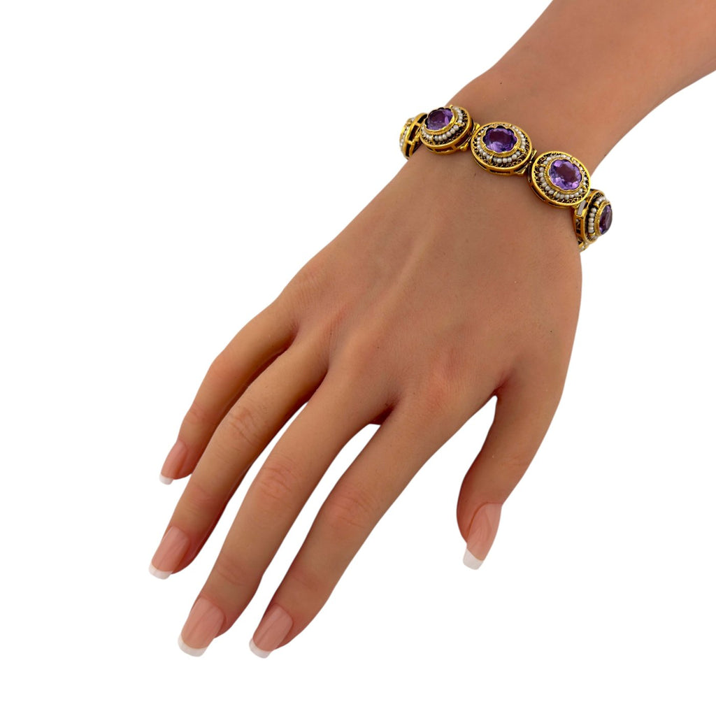 Antique 14K Yellow Gold Amethyst and Pearl Link Bracelet