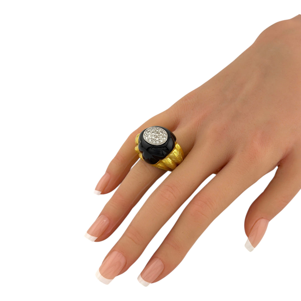 18K Yellow Gold Onyx and 0.46ct Diamond Cocktail Ring